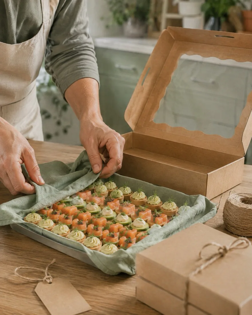 Boxing a finished canapé tray for a customer